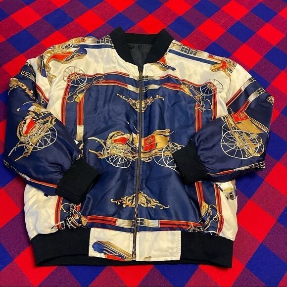 VTG 80s Paris Equestrian Carriage Satin Bomber Jacket S/M/L/XL - Picture 5 of 9